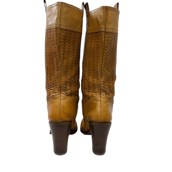 Cole Haan Woven Leather Tall Boots Womens 8.5 Block Heel Lug Sole Camel Tan - Picture 4 of 12